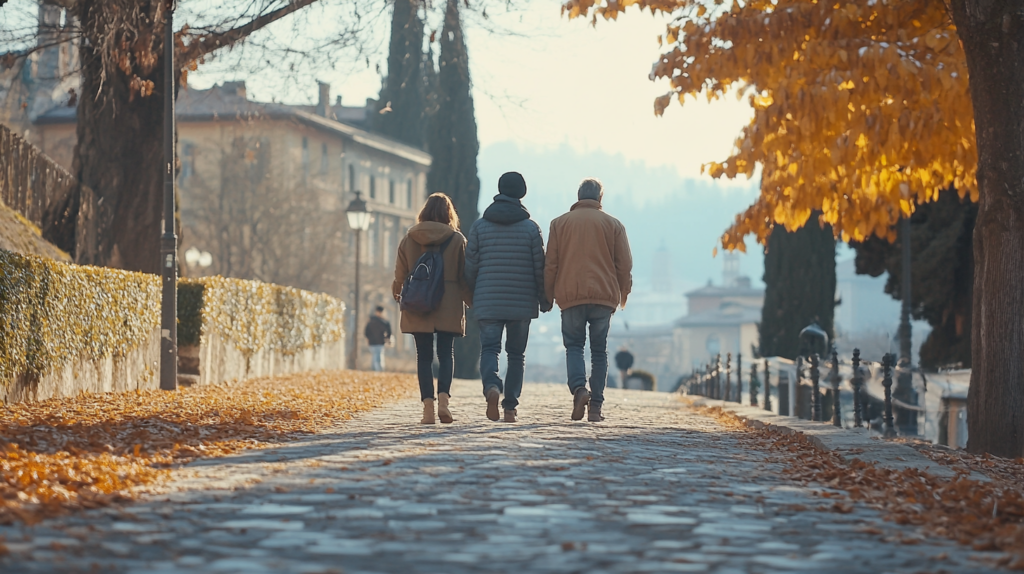 older trio walking through brescia italy during cooler months