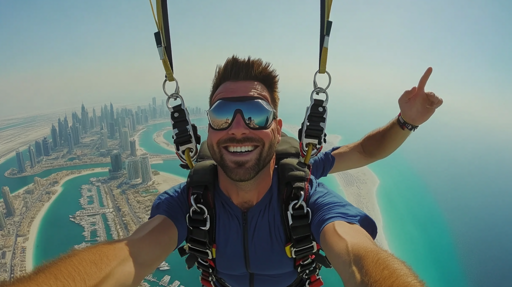 Man skydiving on holiday in dubai