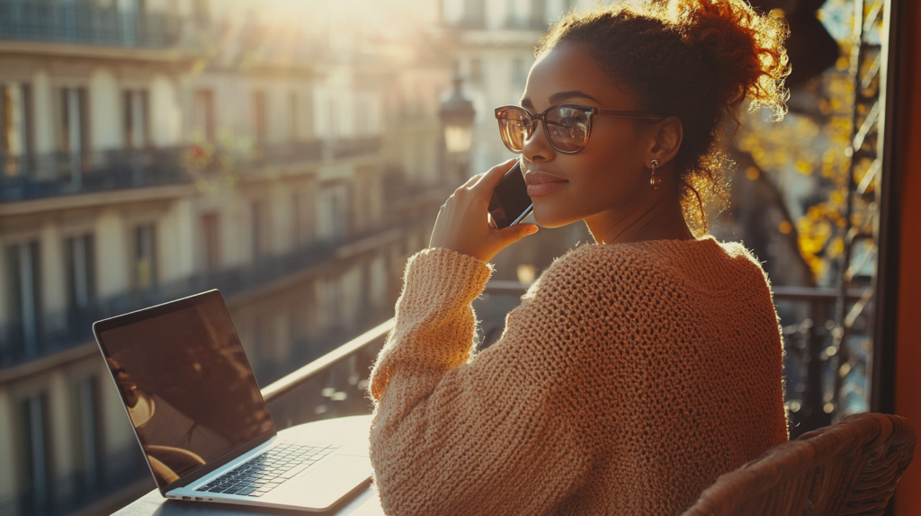 a digital nomad me-mooner works on her laptop from her balcony in sunny european city