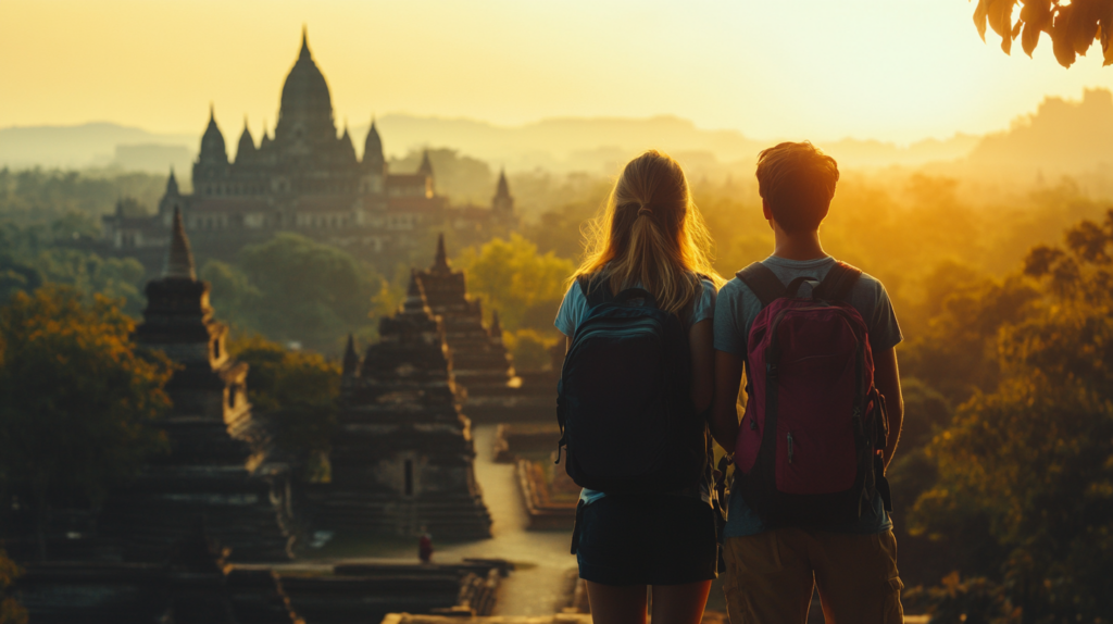 a young couple look into the distance over an asian culturally aware tourism destination