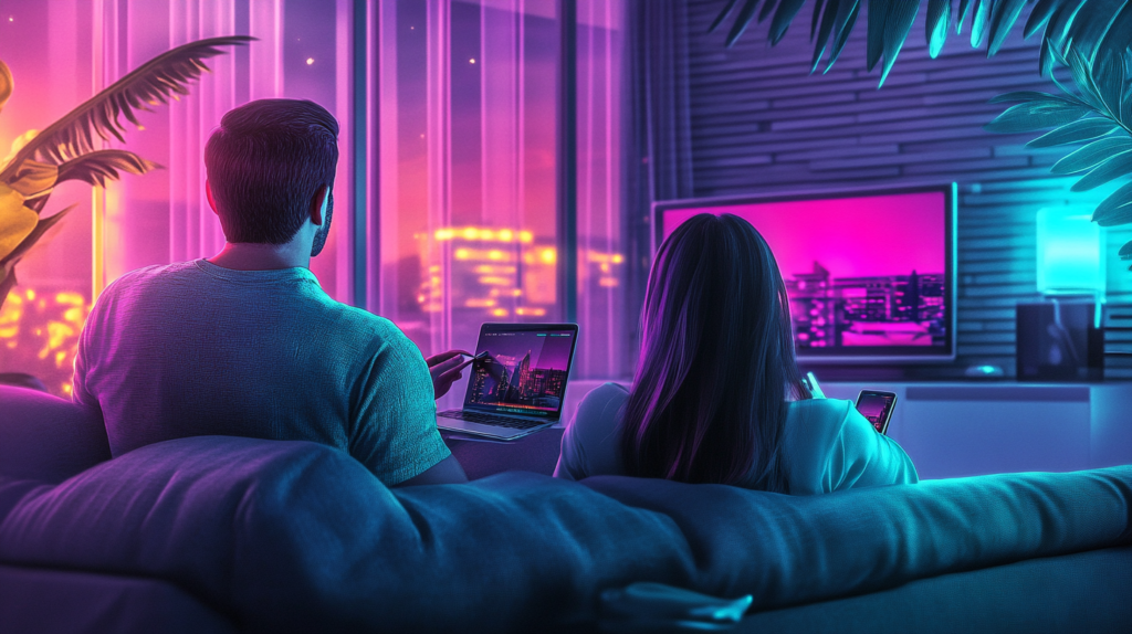 Couple engaging multiple digital touchpoints devices