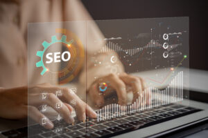 AI rendering of an SEO screen in front of a person typing on a keyboard