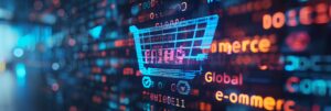 AI-generated image of a digital shopping trolley with ecommerce-related words around it on a screen