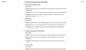 Chat GPT search result for wireless earbuds