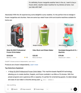 new chat GPT search results page, for a frozen drinks machine