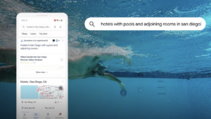 slide from Lalit's presentation: shows an image of someone swimming in a pool with a Google search page displayed over the image
