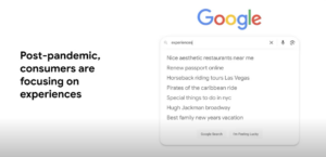 Slide from lalit's presentation: shows a Google search bar reading 'experiences'.