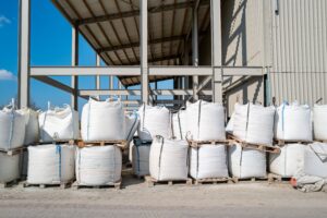 Stored bags of agricultural fertiliser