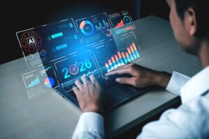 AI data graphic in front of a laptop screen