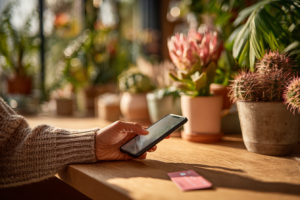 Woman's hand seen scrolling through phone with debit card on table beside her and potted plants in the background