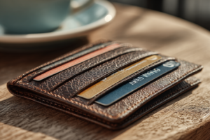 Close-up of leather wallet showing several bank cards open on table beside coffee cup