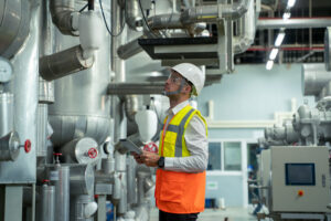 Man in a factory looking at machinery